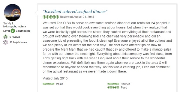 Outer Banks Seafood Catering Services Review for Ten O Six 